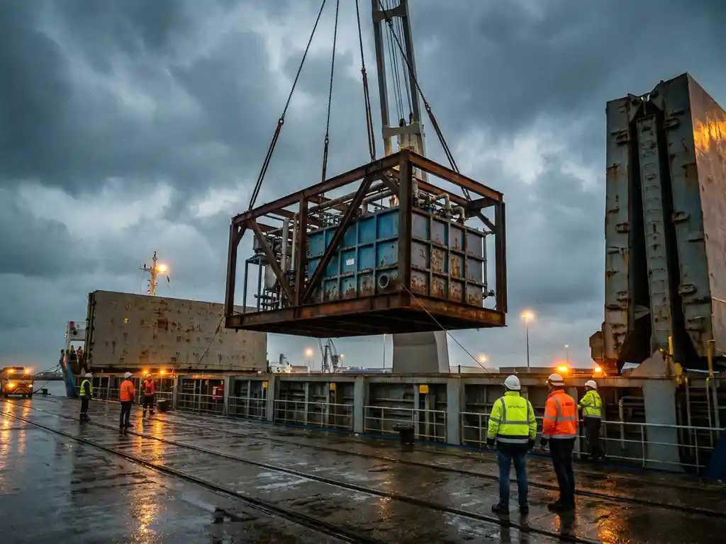 Industriële waterzuiveringsinstallatie gehesen door havenkraan op de Antwerpse haven, met dokwerkers in veiligheidsvesten onder bewolkte lucht.
