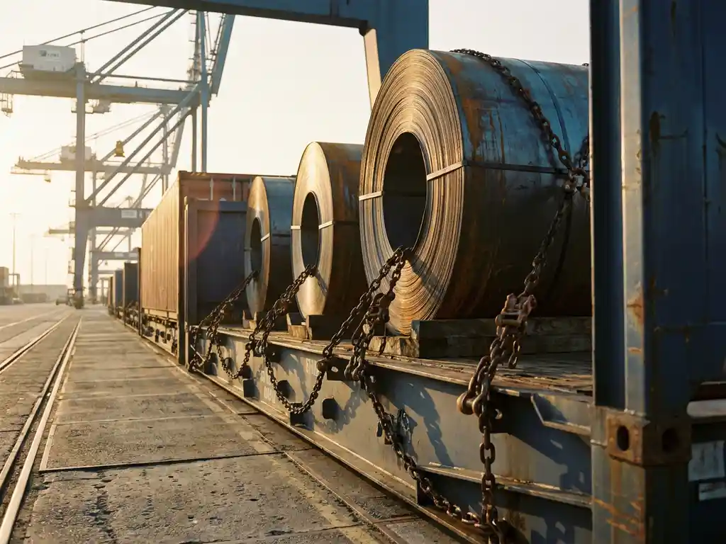 Flat-rack container met zware staalrollen vastgezet met kettingen op de haven van Antwerpen, met laadkranen op de achtergrond.