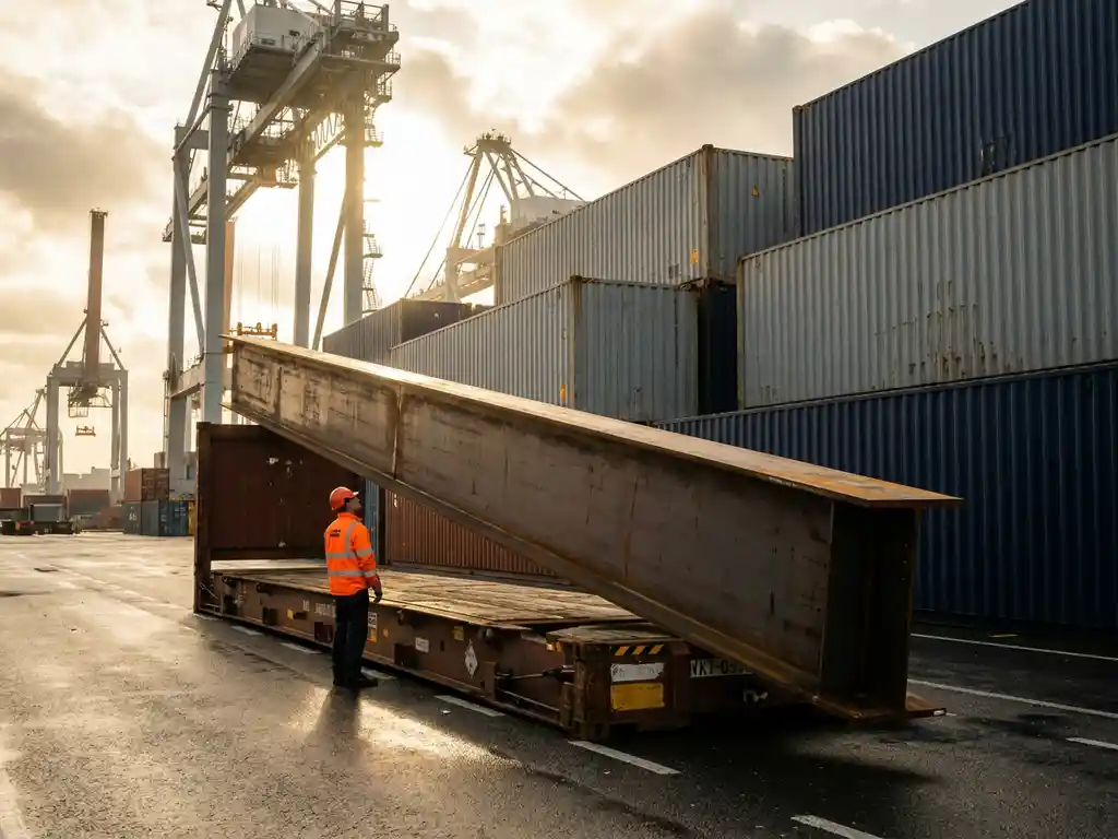 Oversized stalen balk op flatcontainer in Antwerpse haven, medewerker in veiligheidsvest voor schaalvergelijking, havenkranen op achtergrond.