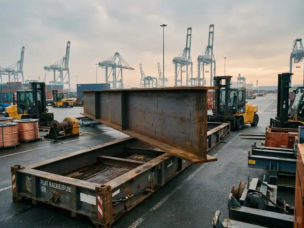 Massieve stalen I-ligger op een flatbed container in de haven van Antwerpen, met industriële kranen en koperen rollen op de achtergrond.
