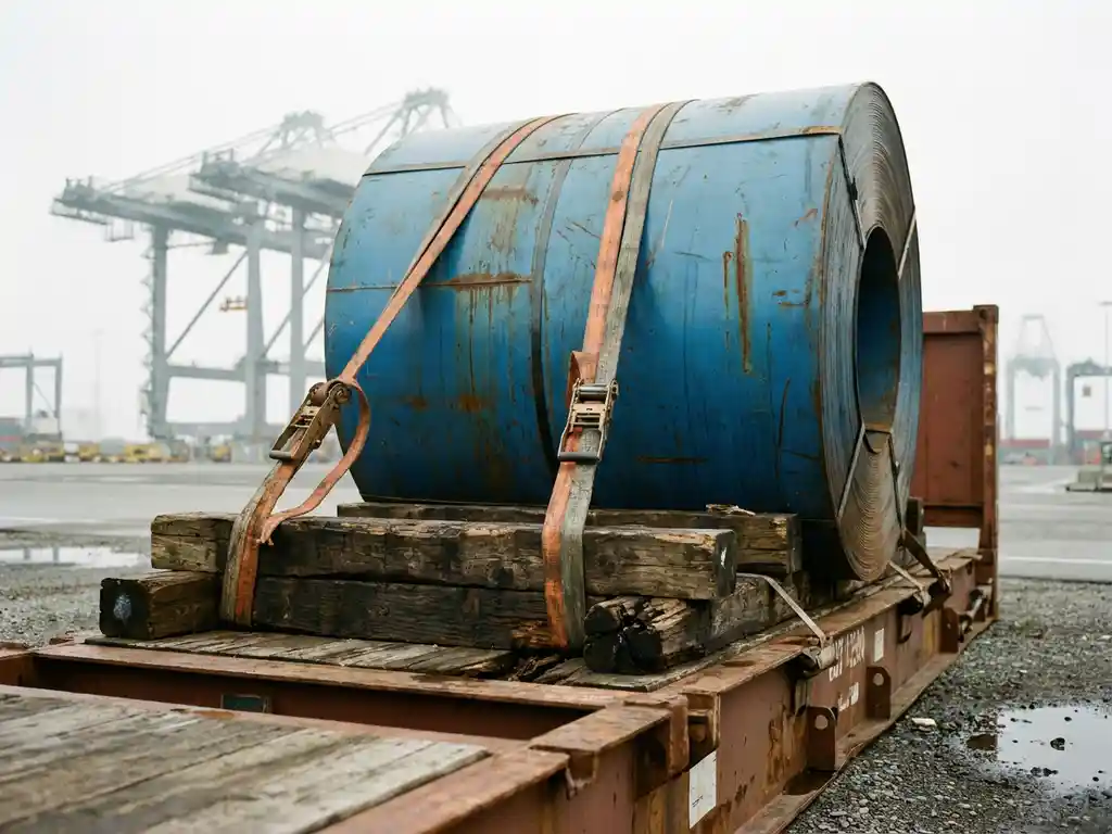 Zware stalen rol vastgezet met sjorbanden en houten stuwhout op een flatcontainer in een drukke haventerminal.