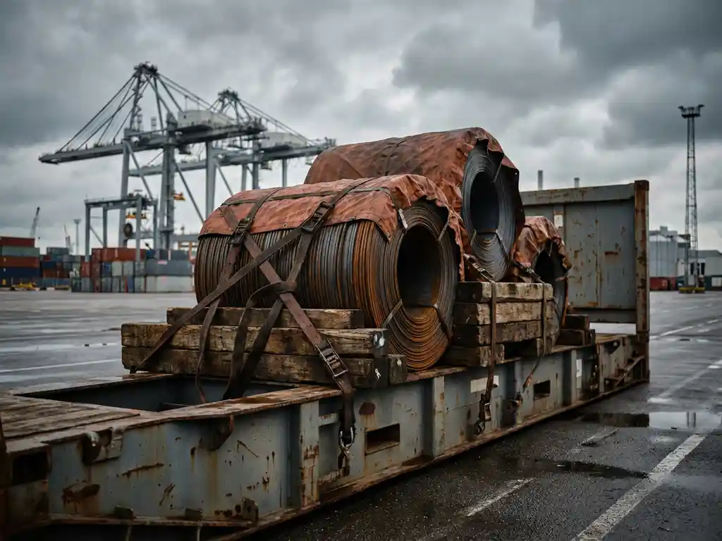 Flat-rack container met zware staalrollen, vastgezet met ratelsjorbanden en houtblokken, op terminal in de haven van Antwerpen.