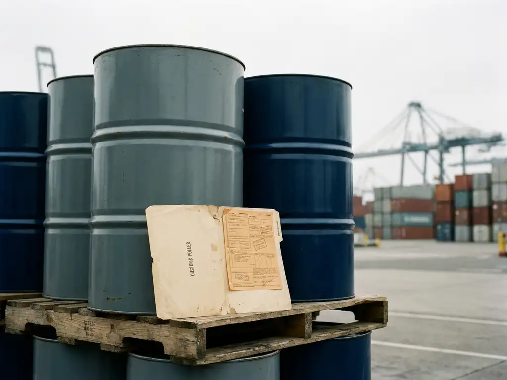 Industriële stalen vaten op verweerde houten pallet bij haventerminal, met douanemap en afgestempelde scheepsdocumenten.