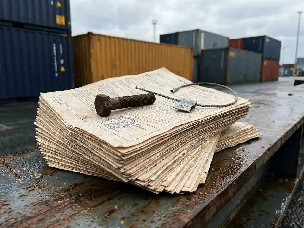 Stapel transportdocumenten en douanepapieren op stalen doksurface, met industriële bout en vrachtafdichting, haven op achtergrond.