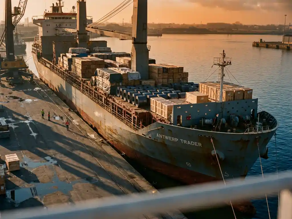 Vrachtschip geladen met houtbundels, staalrollen en houten kisten afgemeerd in de haven van Antwerpen bij gouden avondlicht.
