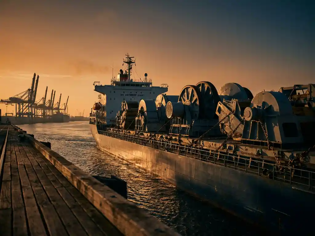 Vrachtschip met zwaar industrieel materieel vertrekt vanuit de haven van Antwerpen, met kraansilhouetten tegen een amberkleurige avondlucht.