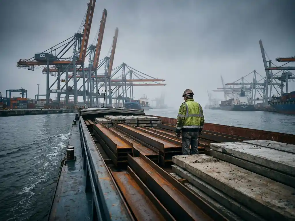 Beladen vrachtschip met stalen balken en betonplaten in de haven van Antwerpen, met industriële kranen in de mistige achtergrond.