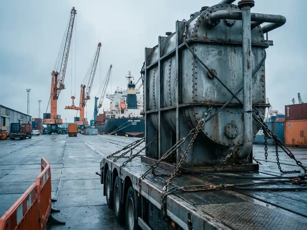 Grote waterzuiveringsinstallatie op staalgerigd flatbed-trailer in de haven van Antwerpen, met laadkranen en vrachtschip op achtergrond.