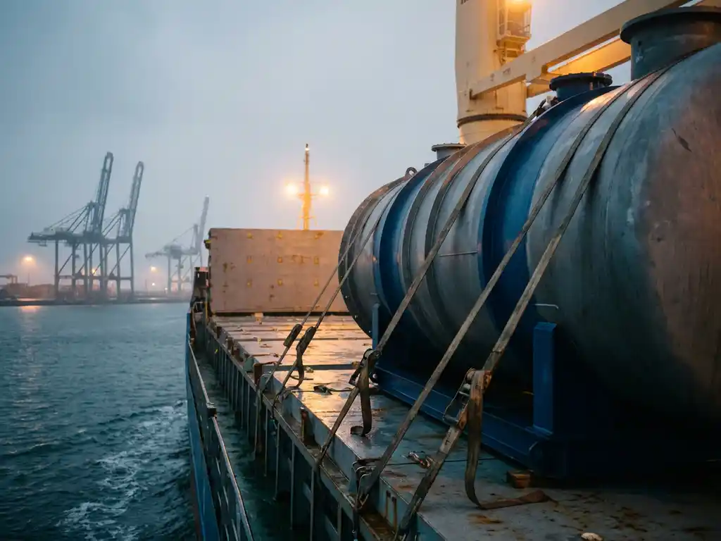 Grote cilindrische waterzuiveringsinstallatie met hijsbanden op vrachtschip in de haven van Antwerpen, met kranen in mistige achtergrond.