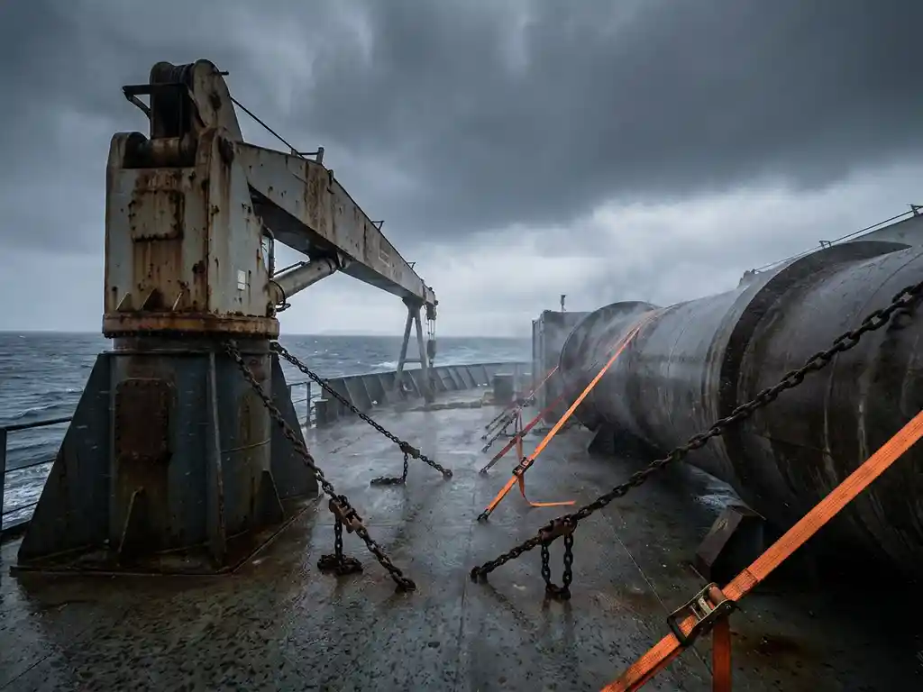 Zwaar industrieel materieel vastgezet met kettingen en oranje banden op het dek van een vrachtschip midden op zee.