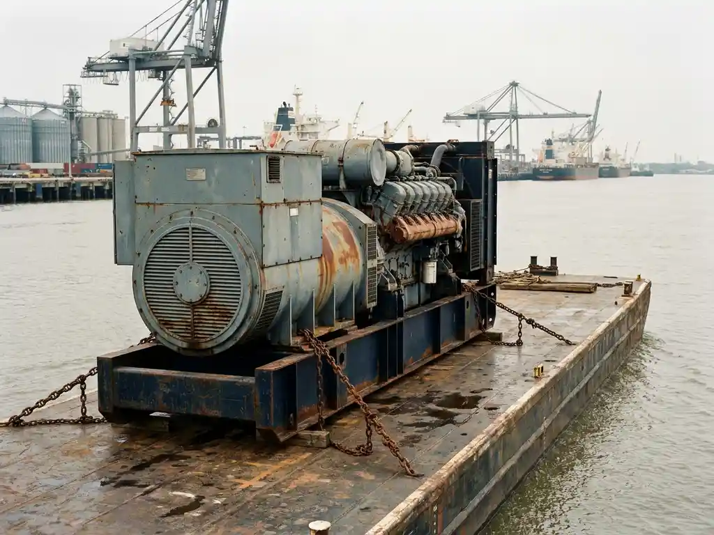 Grote industriële generator vastgezet met zware kettingen op een vrachtvaartuig dat een brede rivier bevaart, met havenkraan op de achtergrond.