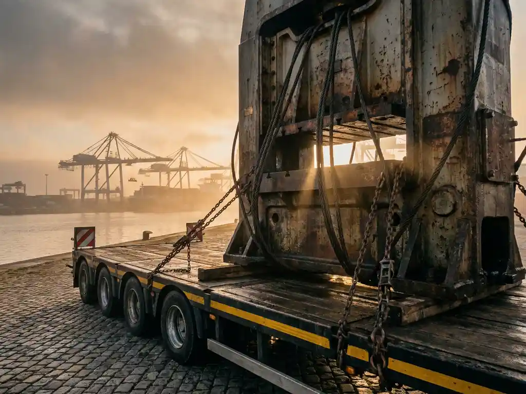 Zwaar industrieel machine op dieplader in Antwerpse haven, vastgezekerd met stalen kabels, containerkranen en Schelde zichtbaar in mistige achtergrond.