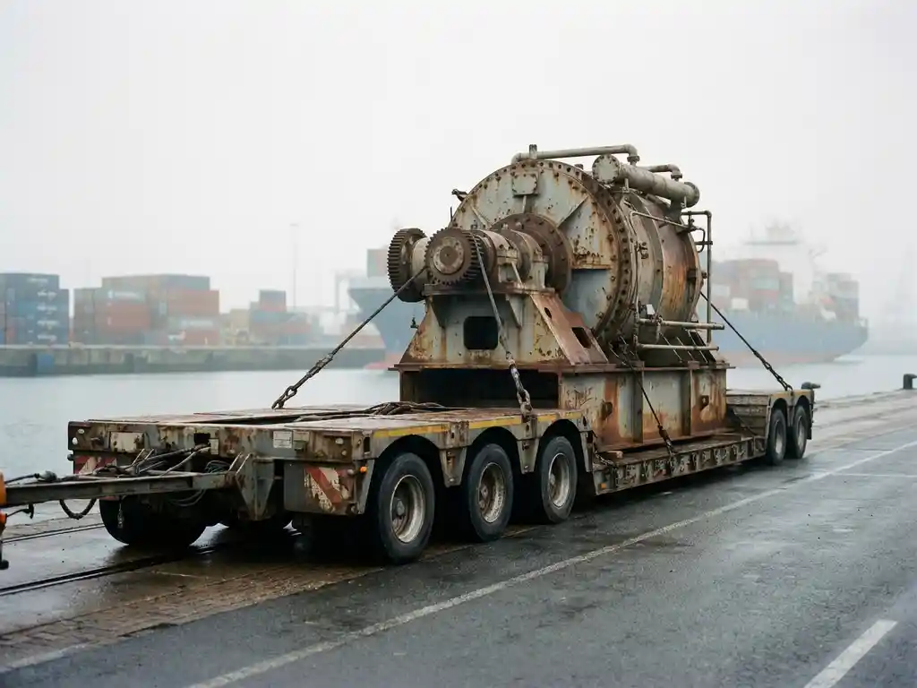 Zware industriële machine op dieplader vastgezet met staalkabels op Antwerpse kade, vrachtschip en containers op de achtergrond.