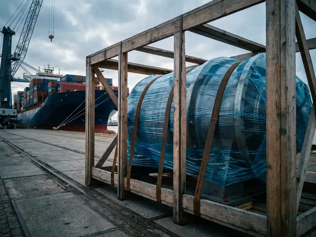 Zware industriële machine in houten krat op Antwerpse havenkade, vastgezet met stalen banden en vochtwerend folie, containerschip op achtergrond.