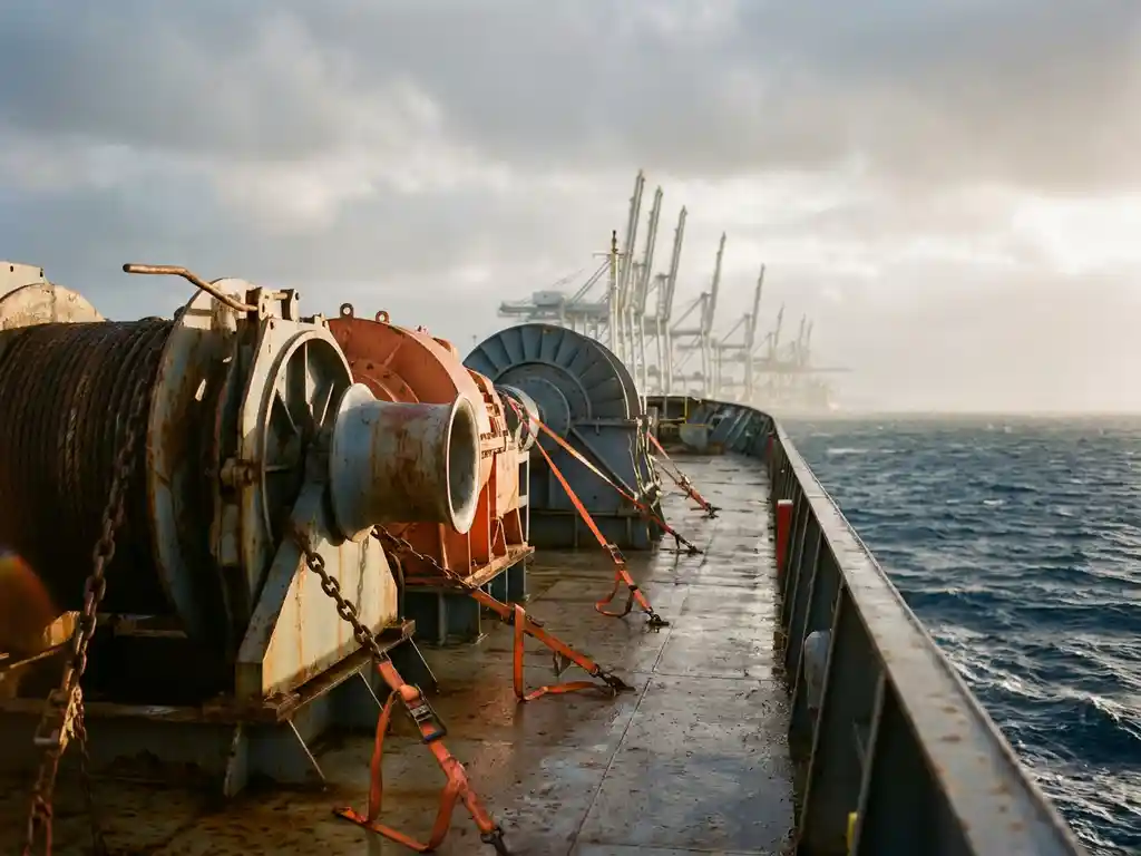 Zwaar industrieel materieel vastgezet met stalen kettingen en oranje sjorbanden op het dek van een vrachtschip in de haven van Antwerpen.